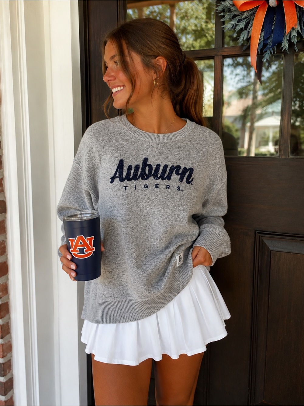Auburn Tigers Pressbox Knit Sweatshirt Chenille NCAA Preppy Gameday Gray M